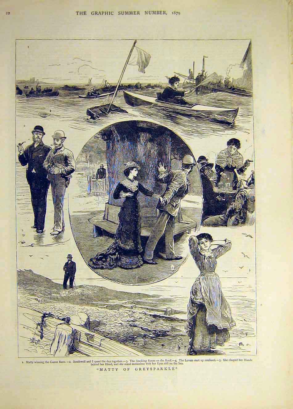 Original Old Antique Print 1879 Matty Greysparkle Canoe Race Lovers Sketches