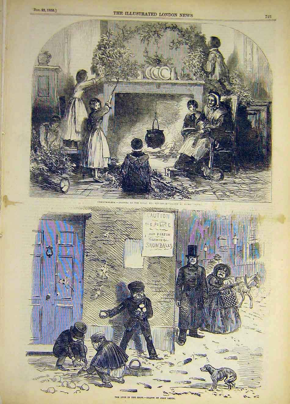 Original Old Antique Print 1855 Christmas Eve Holly Mistletoe Boys Snow Leech
