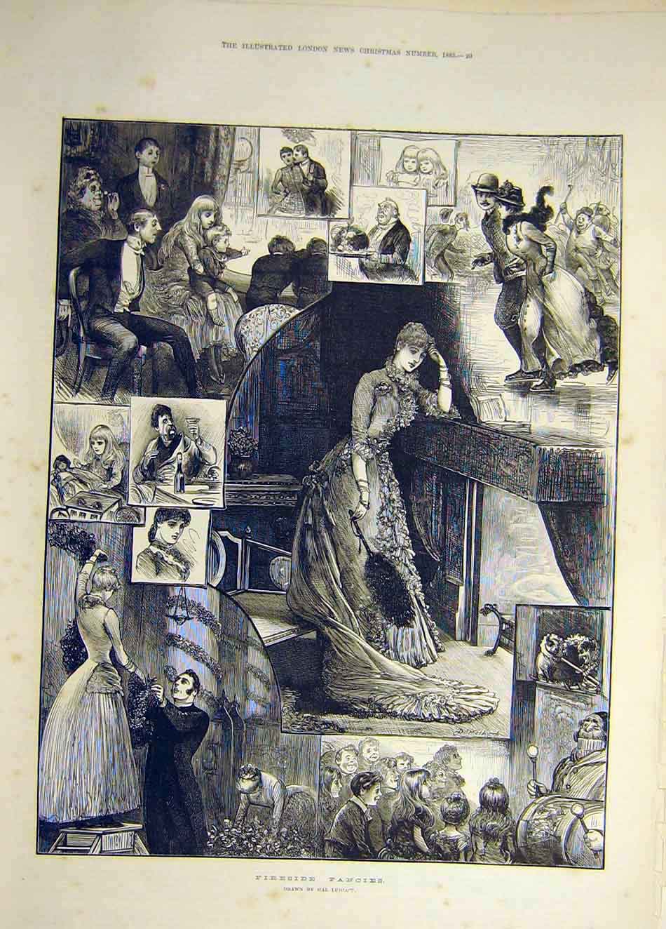 Old Antique Print 1883 Fireside Fancies Sketch Ludlow Lady Piano Skating 19th