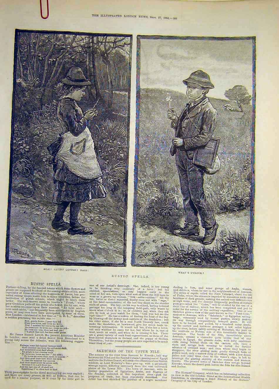Original Old Antique Print 1884 Rustic Spells Children Silk Satin Cotton 19th