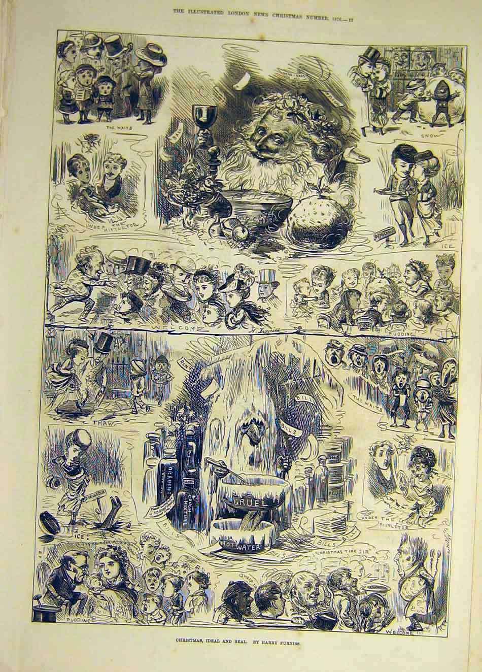 Original Old Antique Print 1876 Christams Ideal Real Furniss Sketches Children