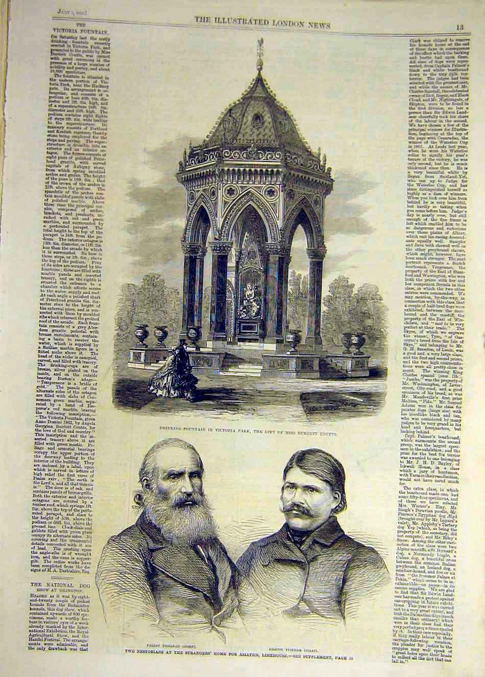 Original Old Antique Print 1862 Fountain Victoria Park Coutts Limehouse Priest