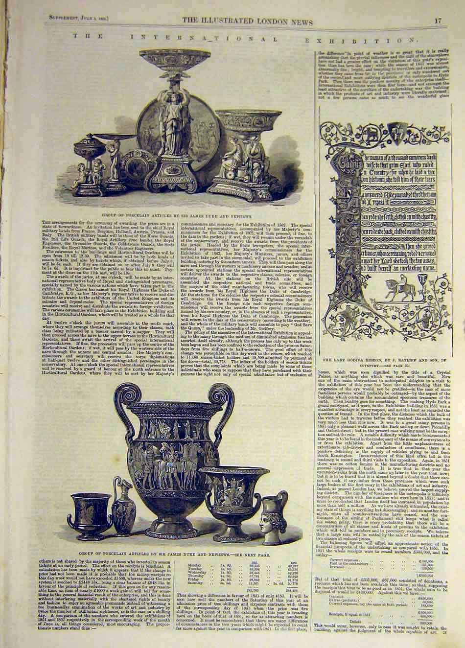 Original Old Antique Print 1862 Porcelain Exhibition Duke Nephews Articles 19th
