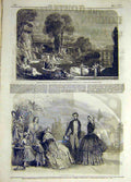 Original Old Antique Print 1846 Villa Fountain Leitch Paris Fashions Victorian