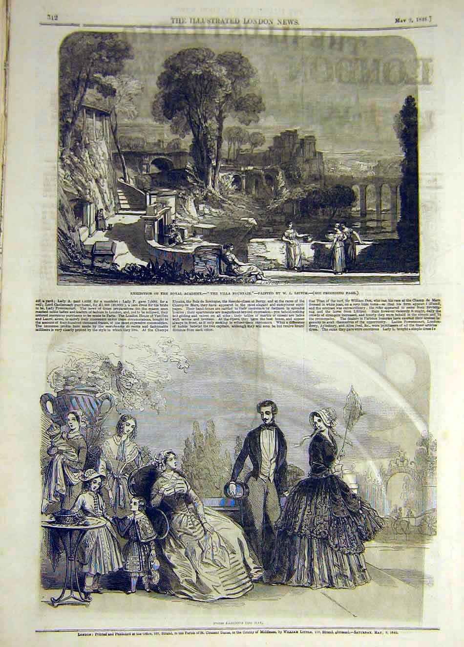 Original Old Antique Print 1846 Villa Fountain Leitch Paris Fashions Victorian