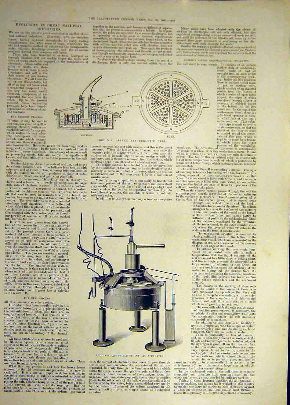 Original Old Antique Print 1897 Rhodin Electrolytic Cell Apparatus Science 19th