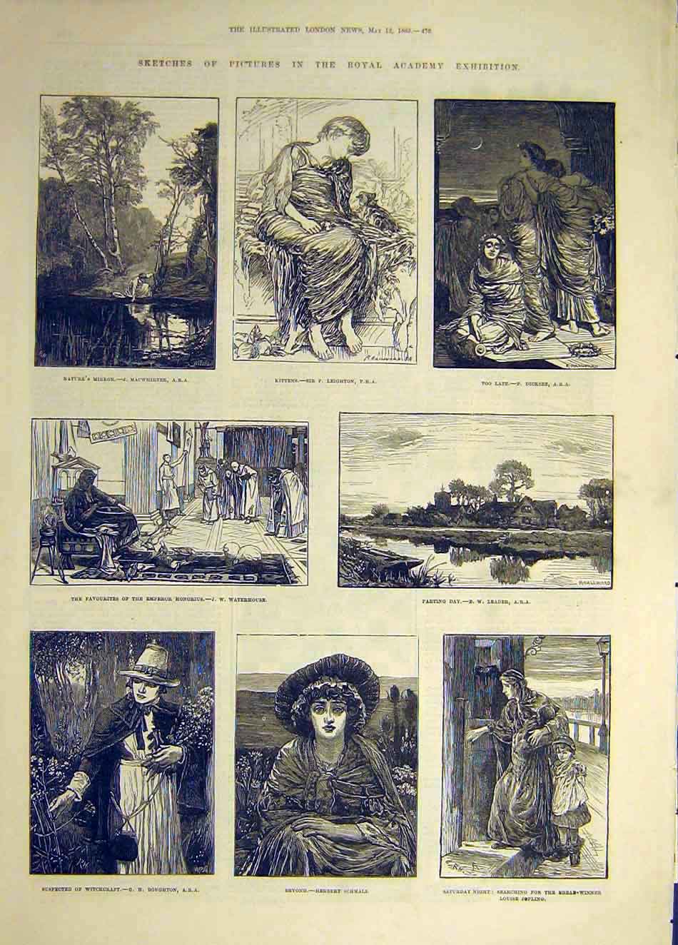 Original Old Antique Print 1883 Sketches Kittens Leighton Dicksee Schmalz Art