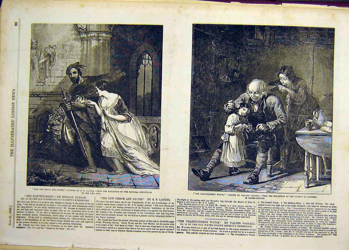 Original Old Antique Print 1855 Grandfather'S Watch Goodall Lauder Louise 19th