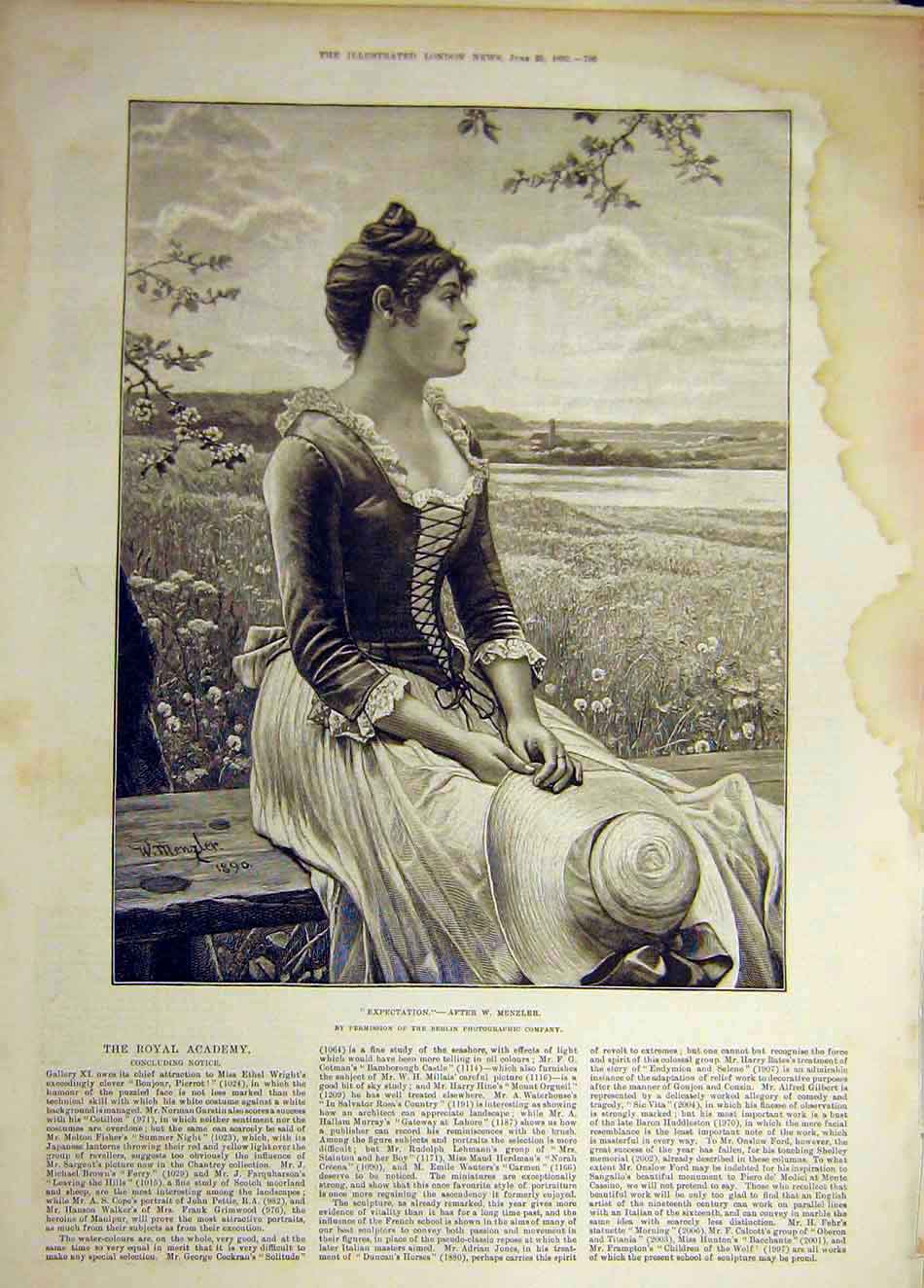 Original Old Antique Print 1892 Expectation Menzler Portrait Lady Field Bench