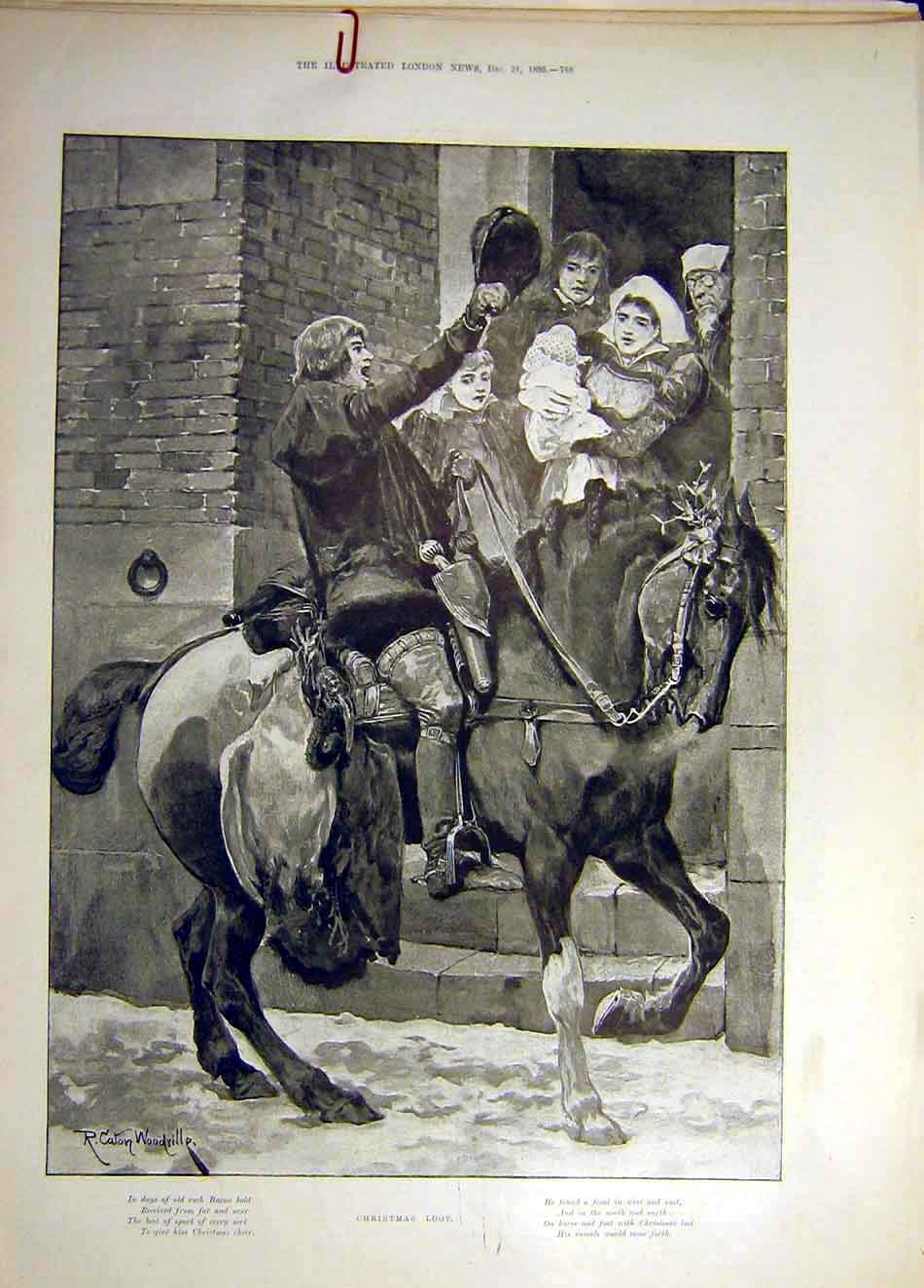 Original Old Antique Print 1895 Christmas Loot Man Horse Rider Woodville Verse