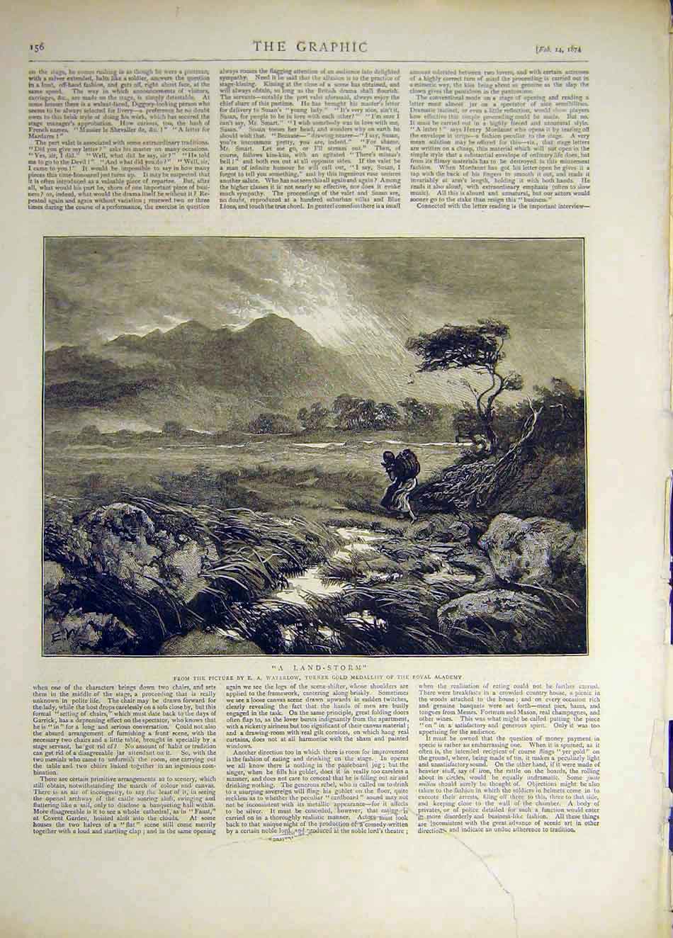 Original Old Antique Print 1874 Land-Storm Waterlow Royal Academy Fine Art 19th