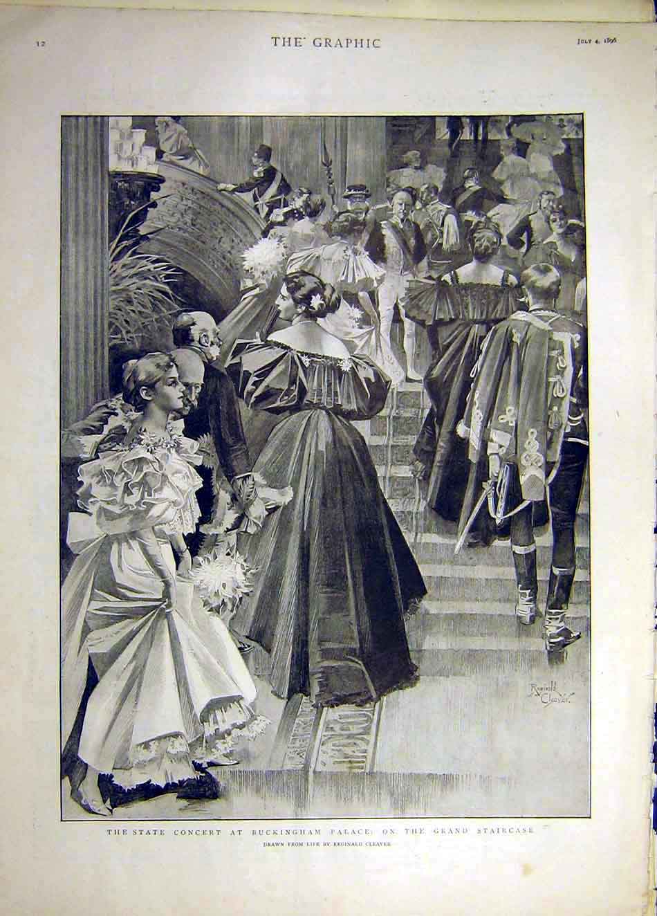 Original Old Antique Print 1896 State Concert Buckingham Palace Staircase 19th