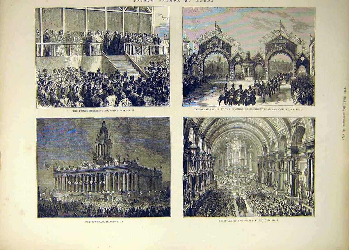 Old Antique Print 1872 Prince Arthur Leeds Townhall Roundhay Victoria Hal 19th
