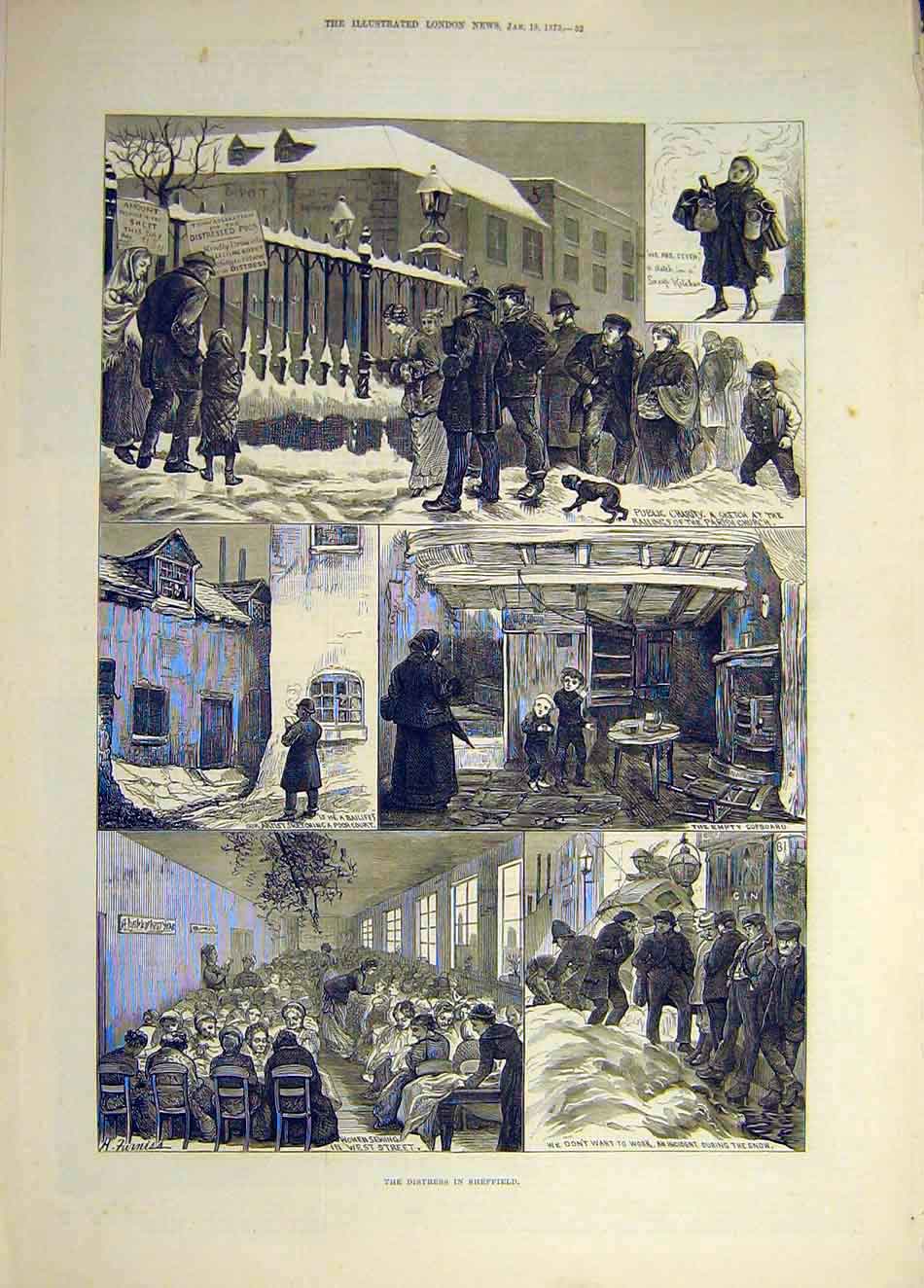 Original Old Antique Print 1879 Sheffield Distress Charity Poor People Bailiff
