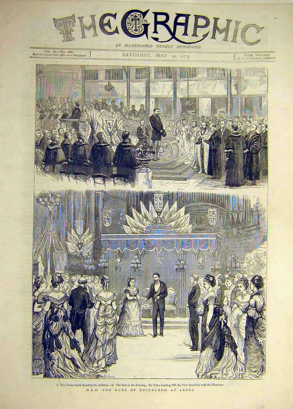 Old Antique Print 1875 Hrh Duke Edinburgh Leeds Ball Town Clerk Mayoress 19th