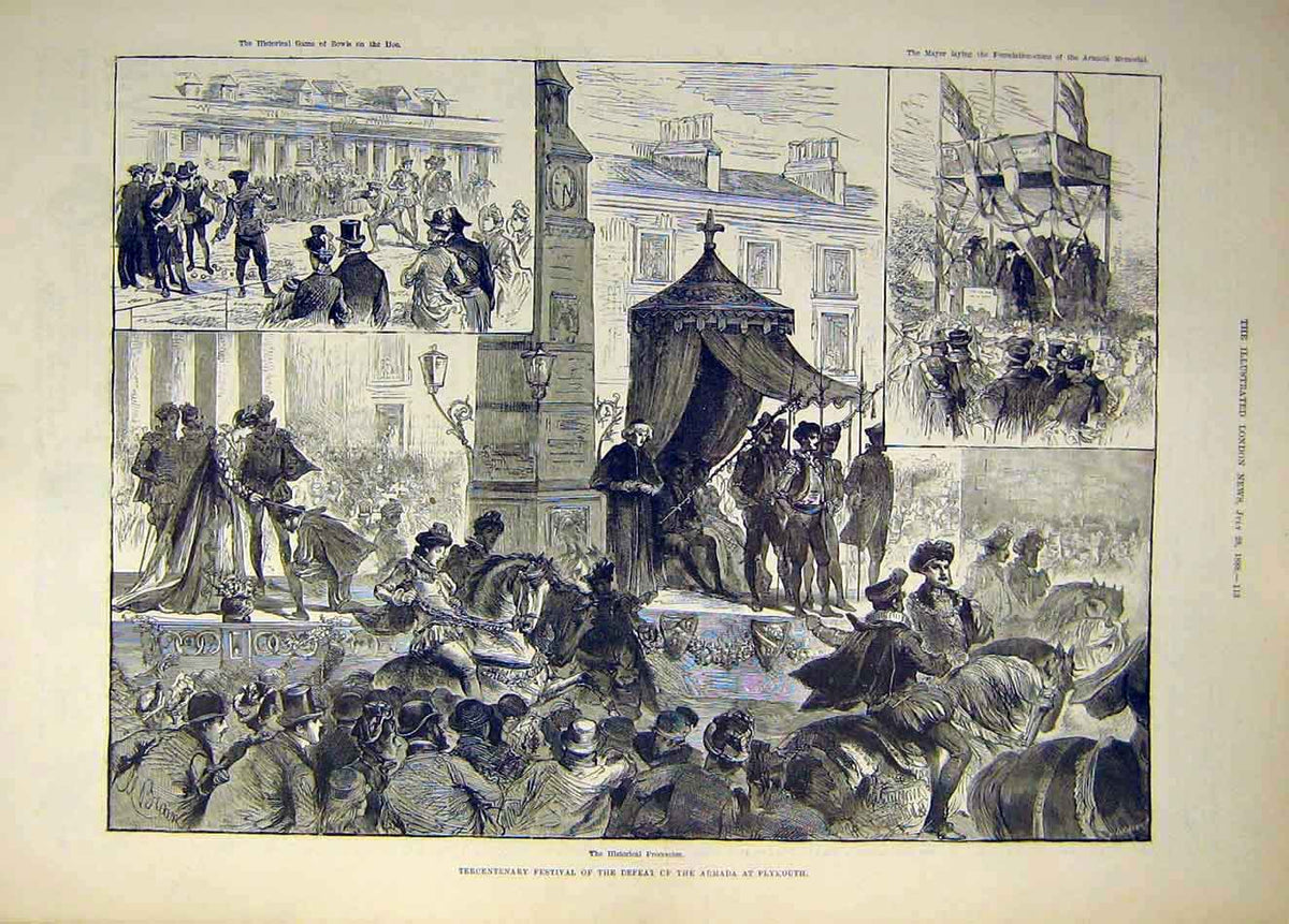 Original Old Antique Print 1888 Festival Defeat Armada Plymouth Procession 19th