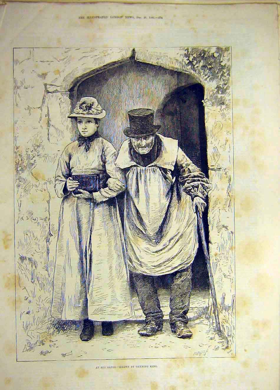 Original Old Antique Print 1885 Gunning-King Sketch Gates -Man Girl Lady 19th