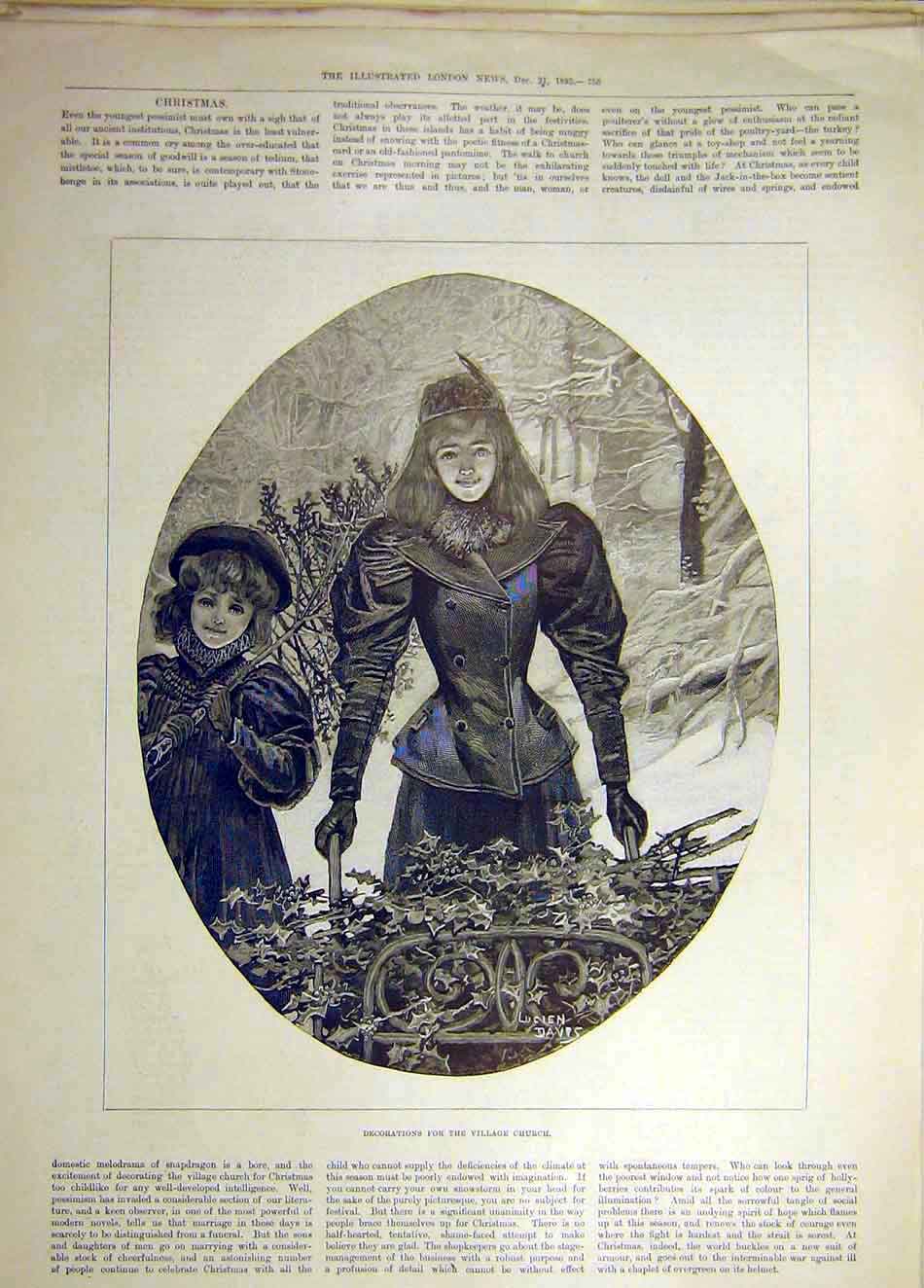 Original Old Antique Print 1895 Village Church Decorations Children Christmas