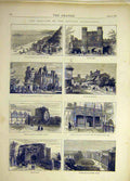 Old Antique Print 1872 Lewes Castle Hastings Battle Abbey Bramber Arundel 19th