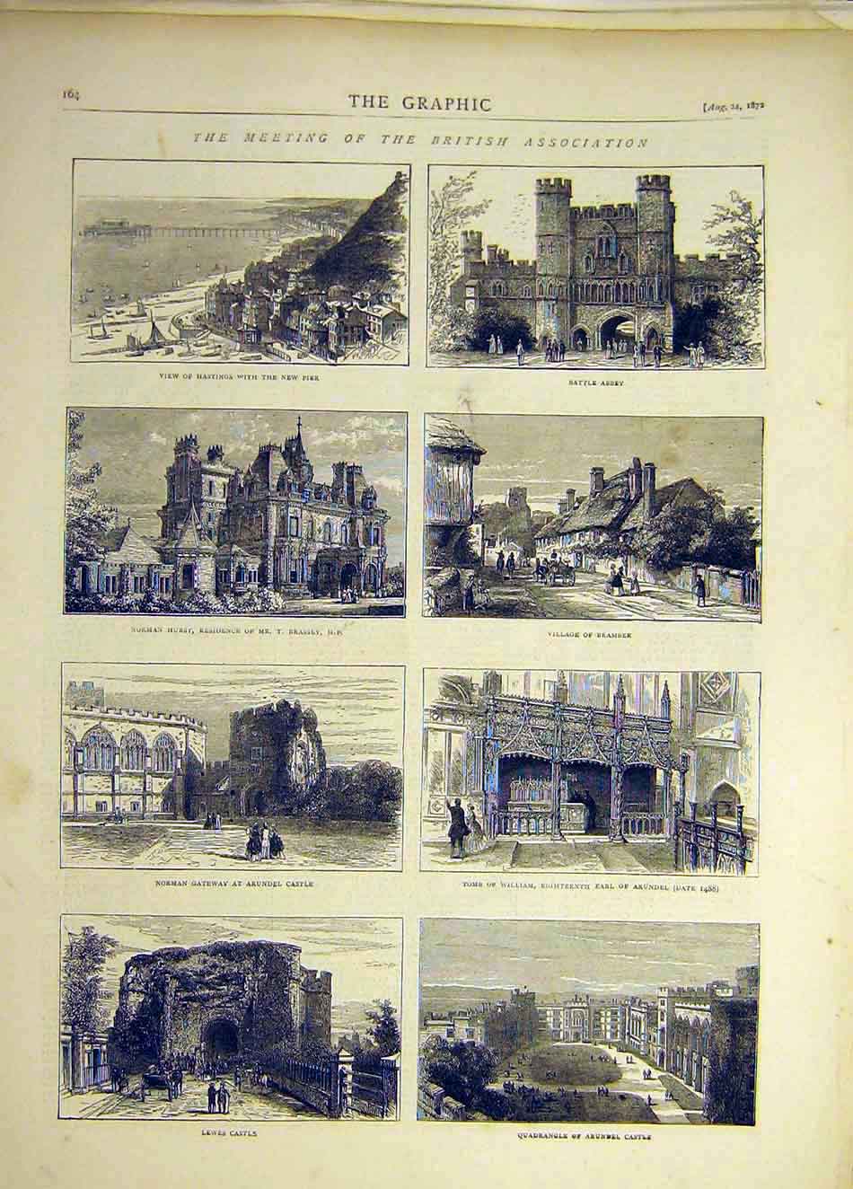 Old Antique Print 1872 Lewes Castle Hastings Battle Abbey Bramber Arundel 19th