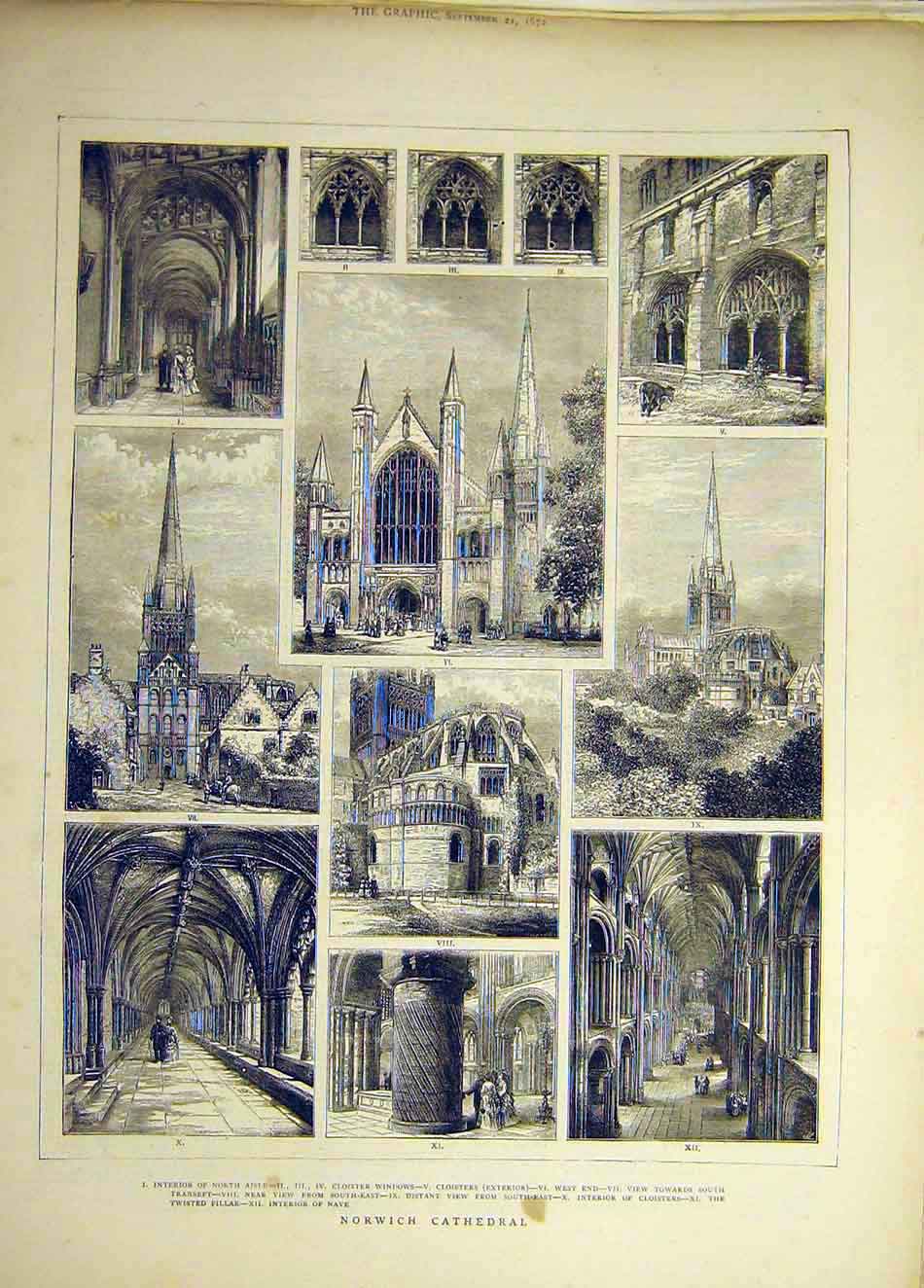 Original Old Antique Print 1872 Norwich Cathedral Nve Building Cloisters 19th