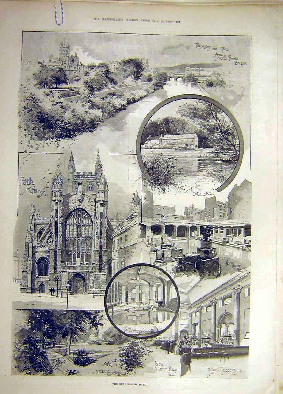 Original Old Antique Print 1894 Bath Abbey North-Parade Bridge Sydney Gardens