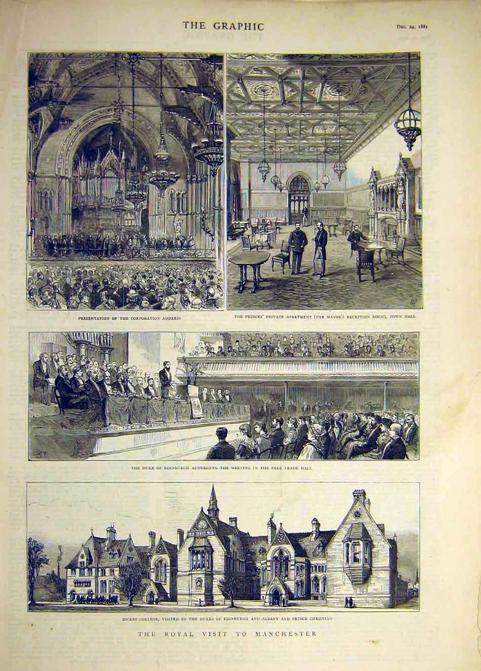 Original Old Antique Print 1881 Royal Visit Manchester Owen'S College Mayor 19th