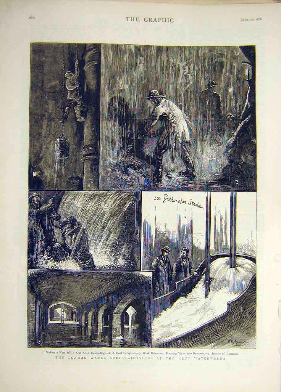 Original Old Antique Print 1876 London Water Supply Kent Water-Works Gallons