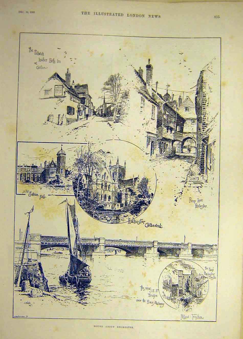 Original Old Antique Print 1893 Rochester Sketches Pickwick Inn Cobham Cathedral