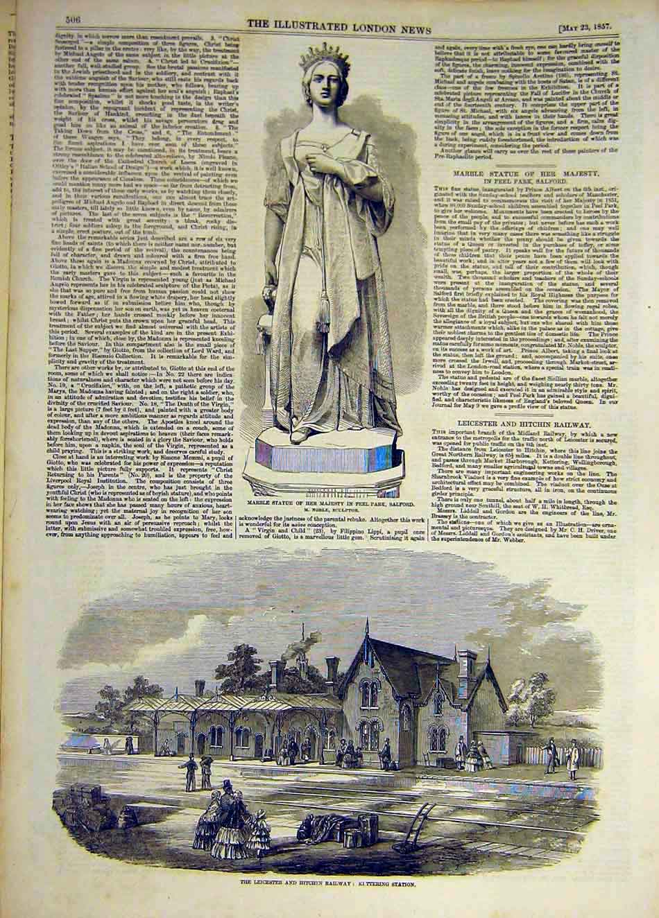 Old Antique Print 1857 Peel Park Statue Queen Leicester Railway Kittering 19th
