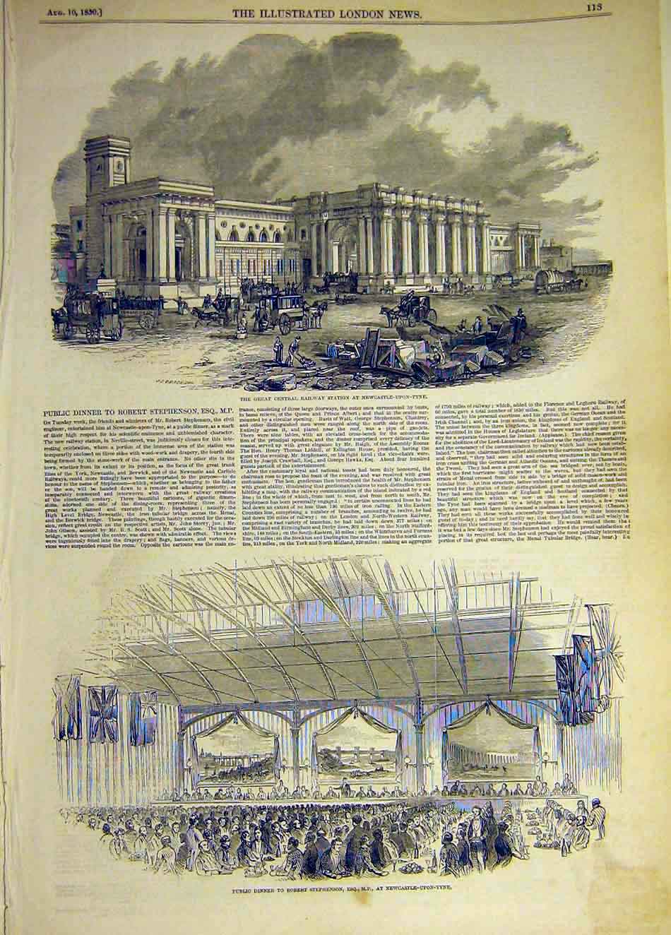 Original Old Antique Print 1850 Newcastle-On-Tyne Railway Station Stephenson