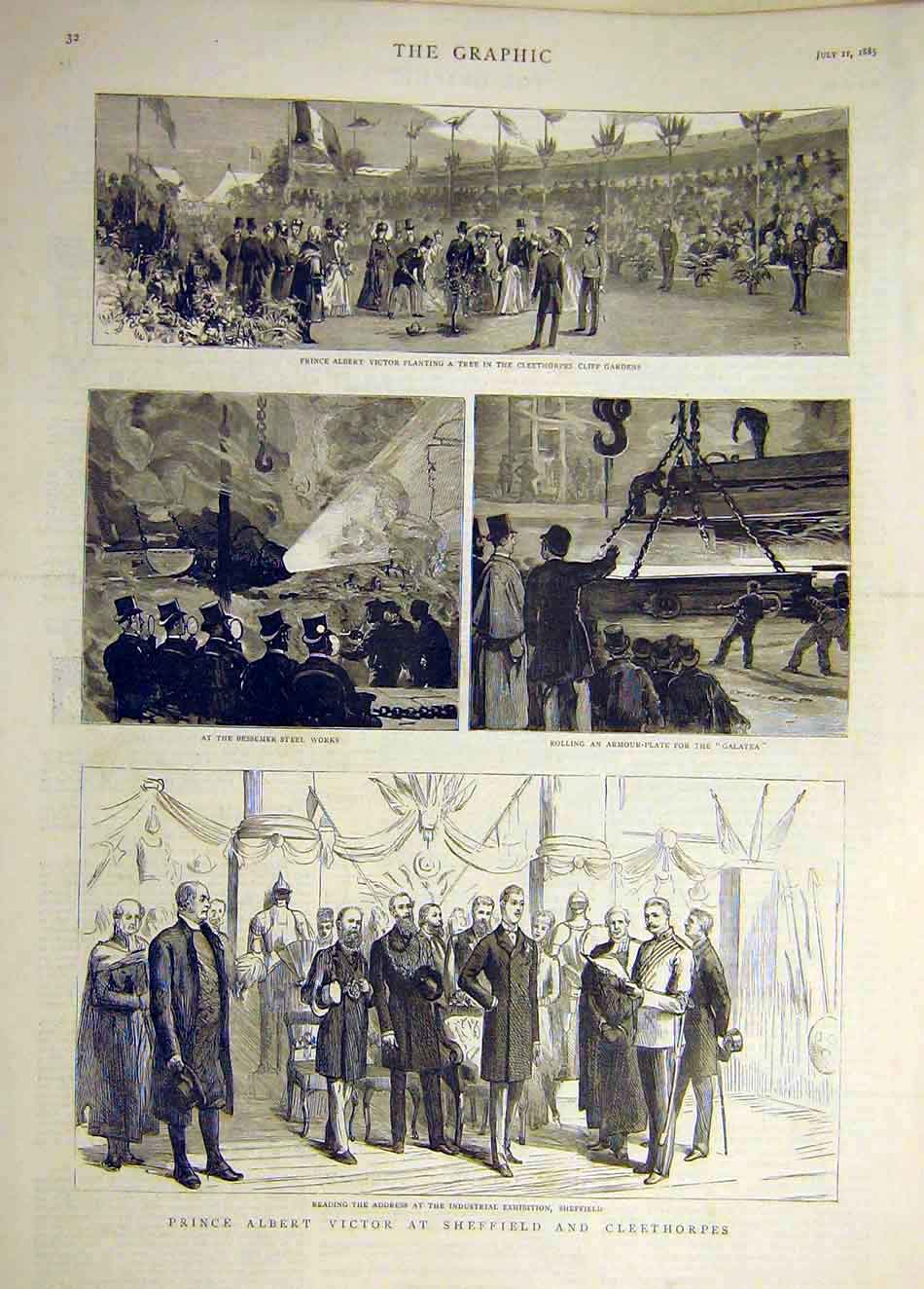 Original Old Antique Print 1885 Prince Albert Victor Sheffield Cleethorpes 19th