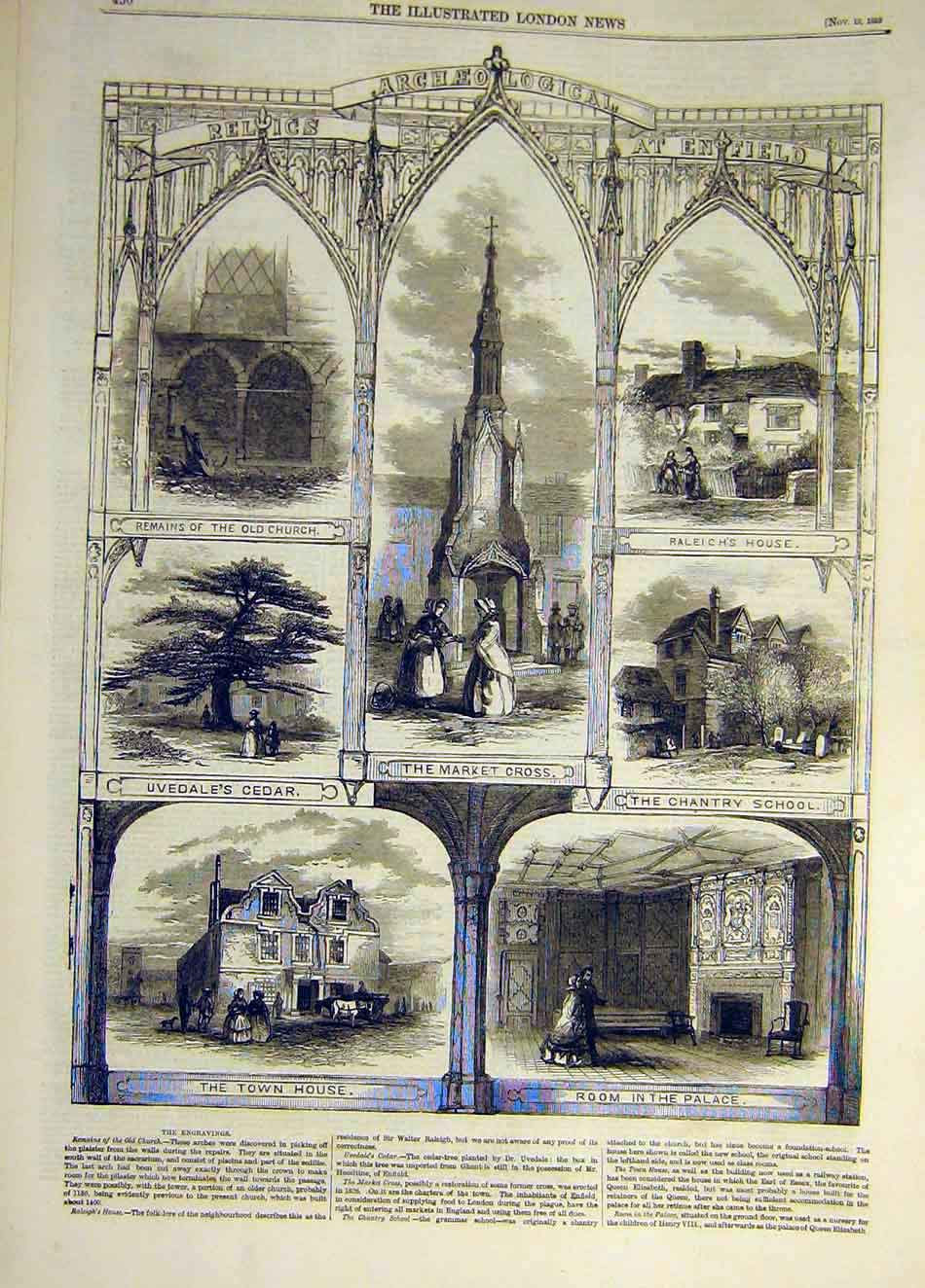 Old Antique Print 1858 Enfield Relics Uvedale School Raleich Market-Cross 19th