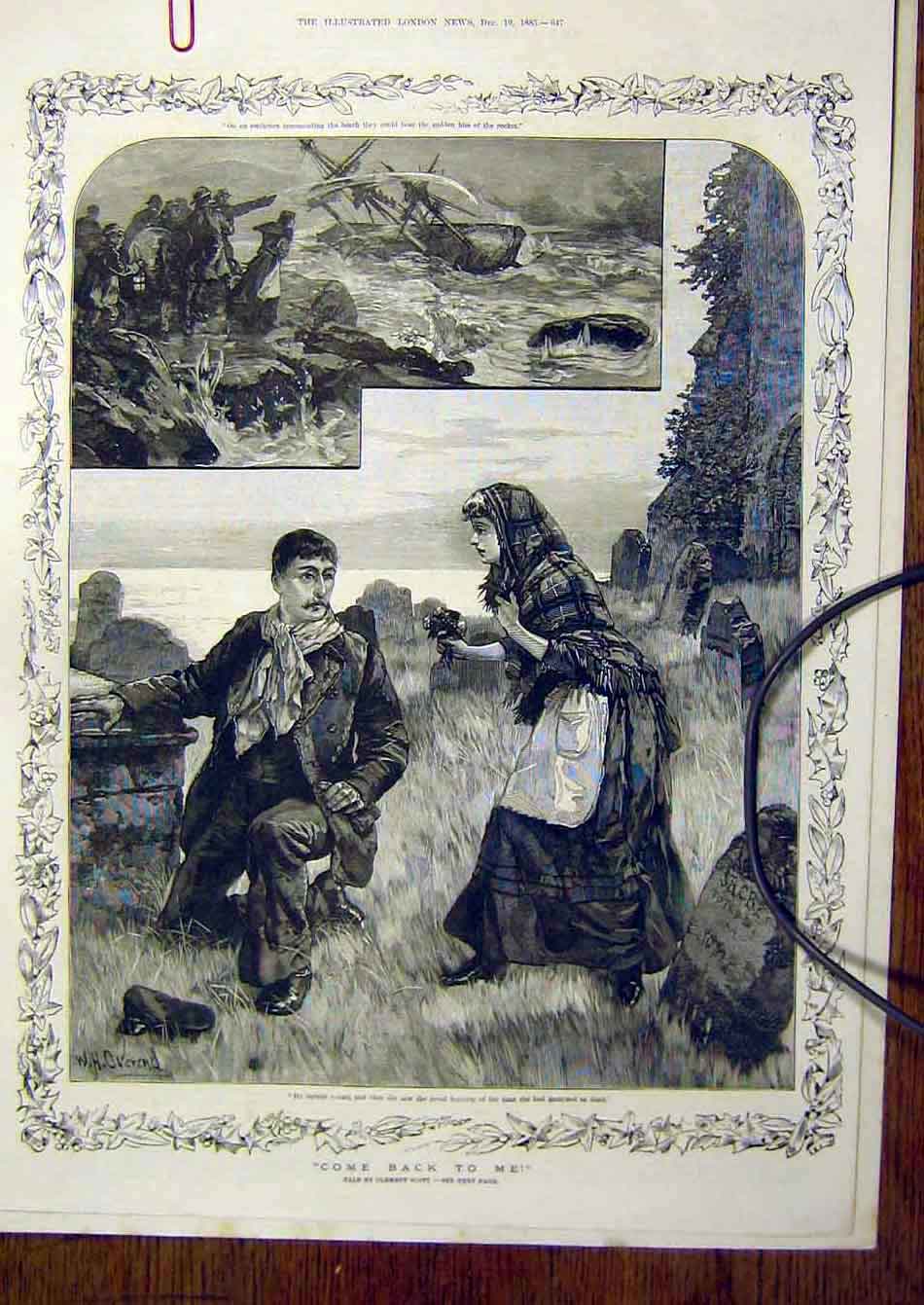Original Old Antique Print 1885 Tale Scott Come-Back-To Me Lady Man Ship Wreck
