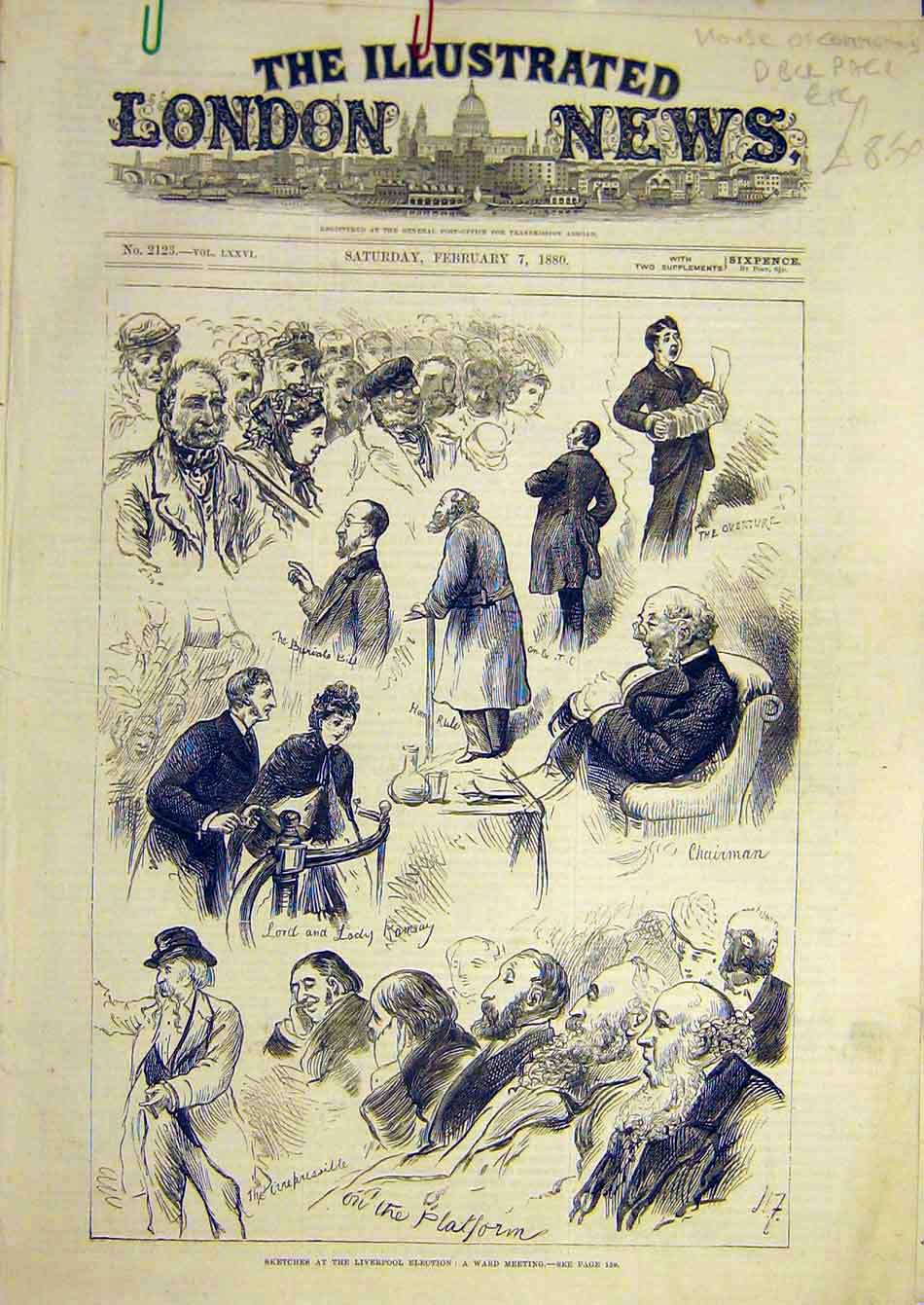 Original Old Antique Print 1880 Sketches Liverpool Election Ward Meeting People