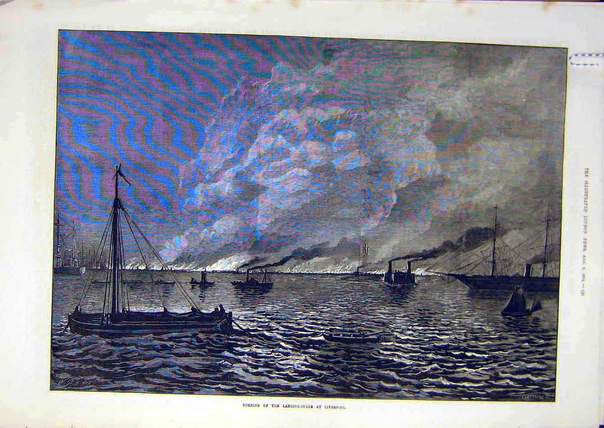 Original Old Antique Print 1874 Fire Landing Stage Liverpool Harbour Dock 19th