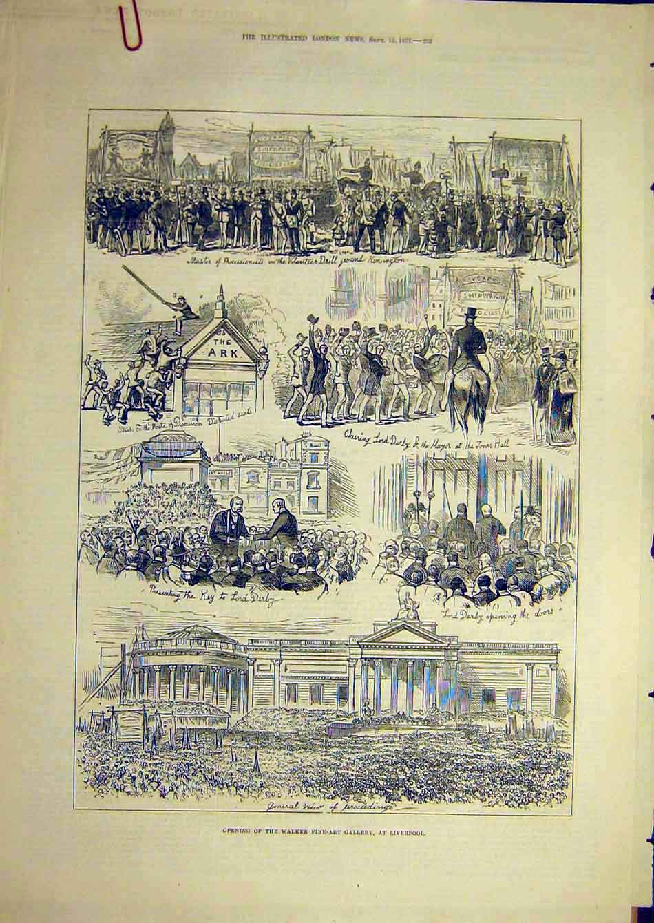 Original Old Antique Print 1877 Walker Fine-Art Gallery Liverpool Ceremony 19th