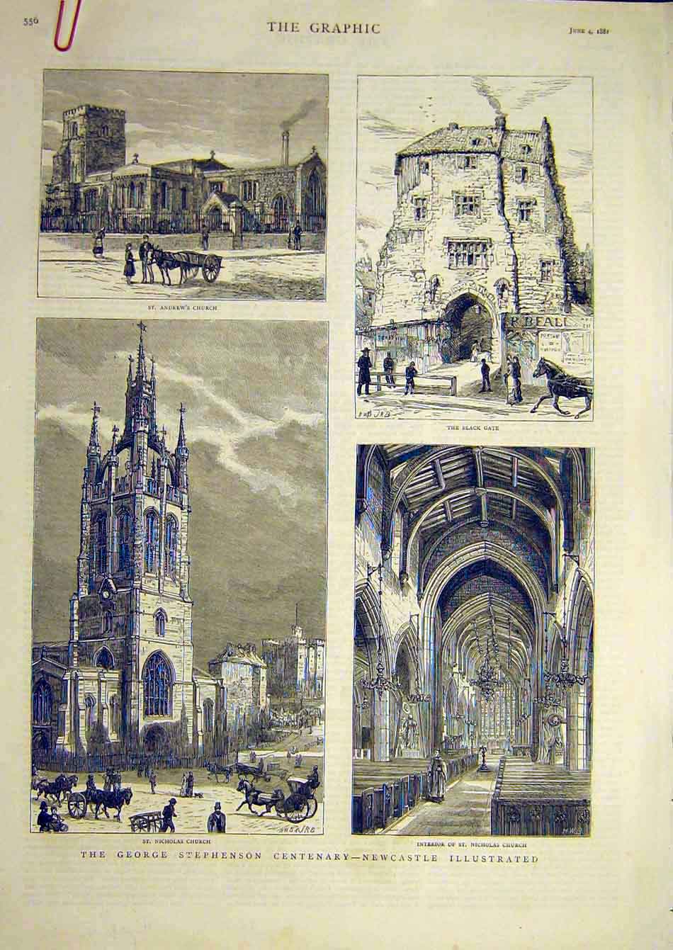 Original Old Antique Print 1881 Newcsatle Stephenson St Nicholas Church 19th