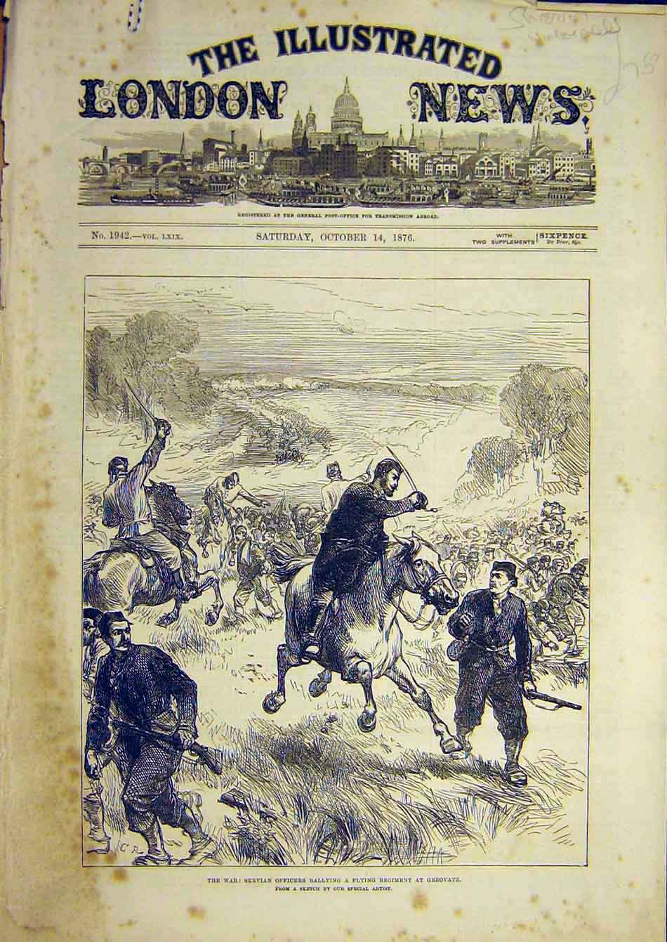 Original Old Antique Print 1876 War Servian Officers Greovatz Bosman Usicza
