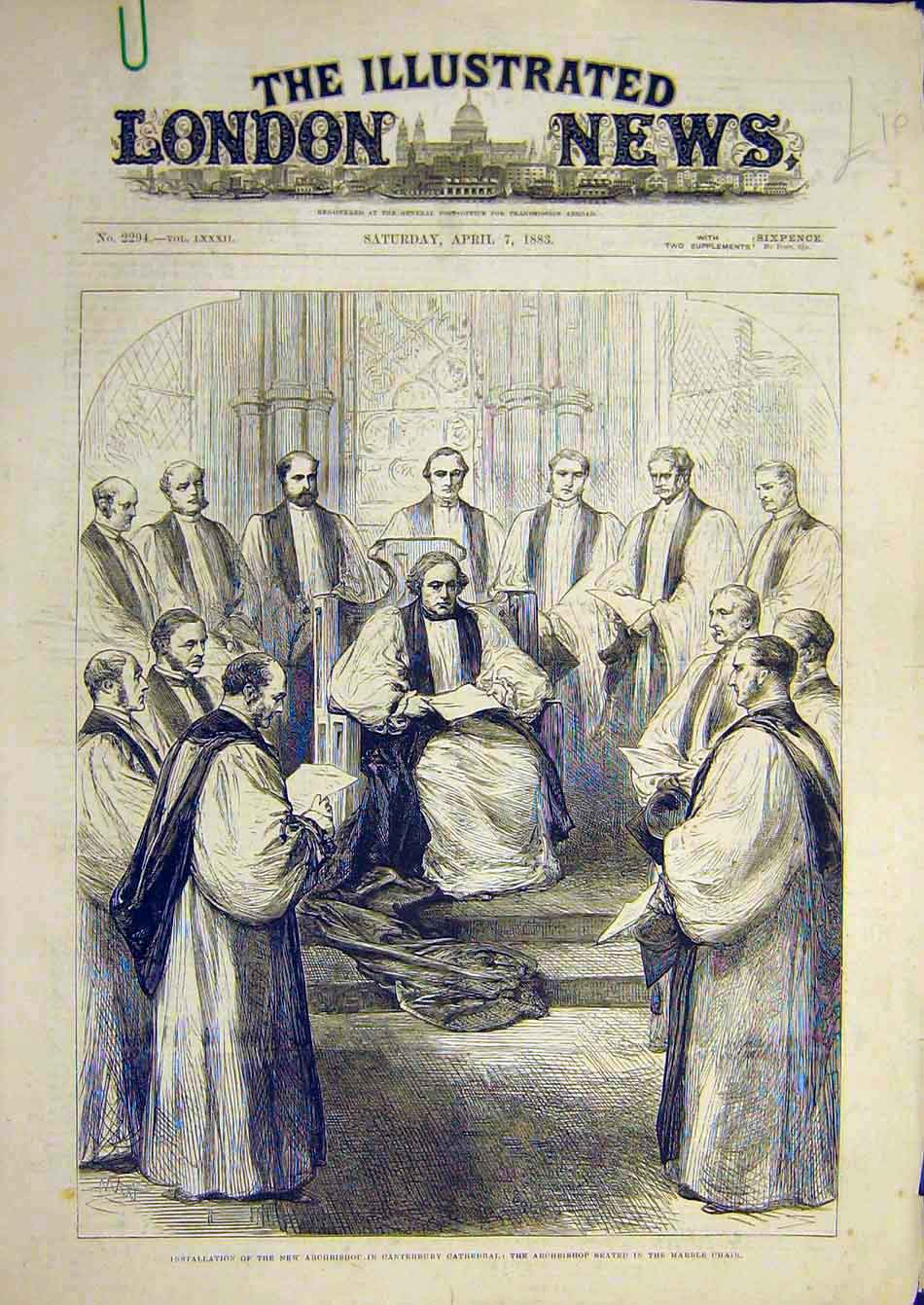 Original Old Antique Print 1883 Archbishop Canterbury Cathedral Marble Chair