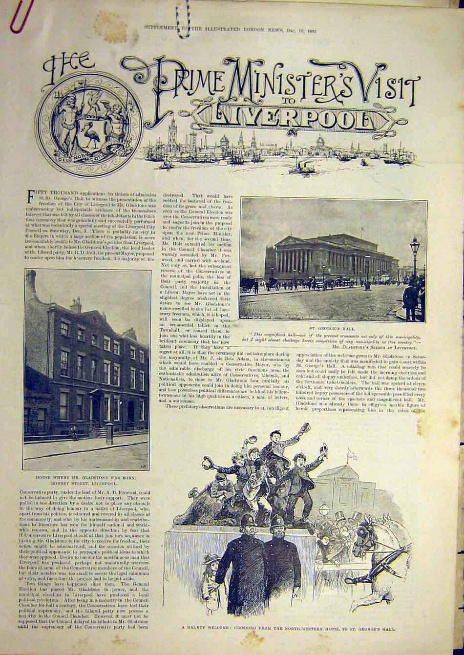 Original Old Antique Print 1892 Prime Minister Visit Liverpool Gladstone 19th