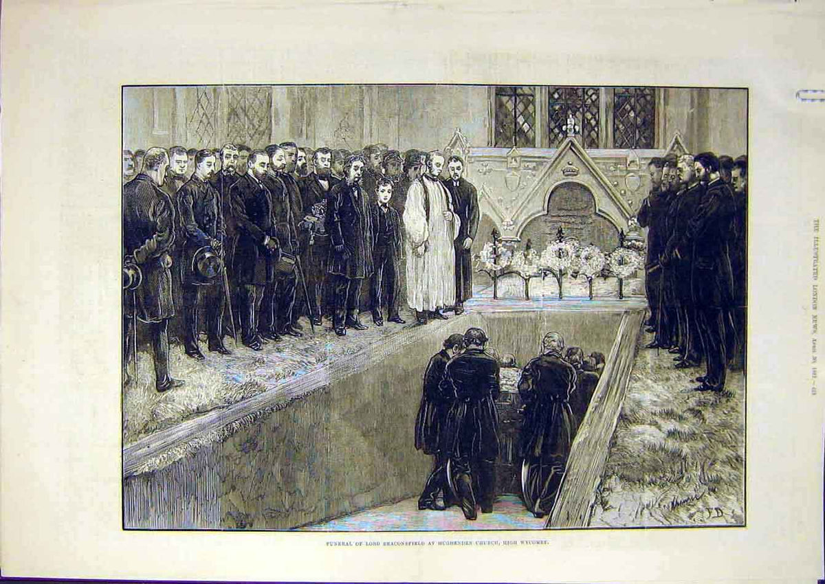 Original Old Antique Print 1881 Funeral Beconsfield Hughenden Church Wycombe