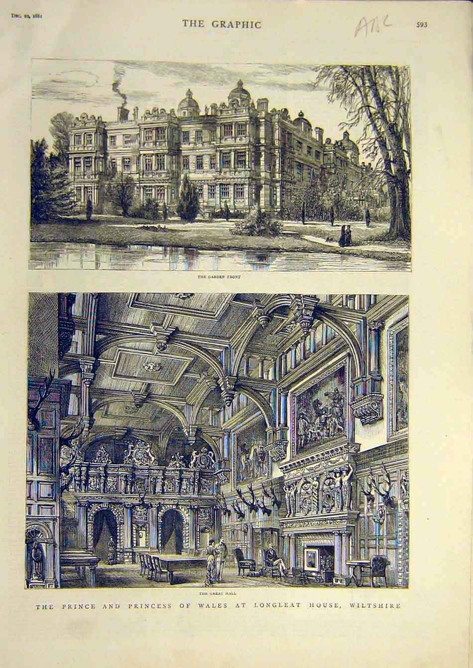 Original Old Antique Print 1881 Wiltshire Longleat House Prince Princess Wales