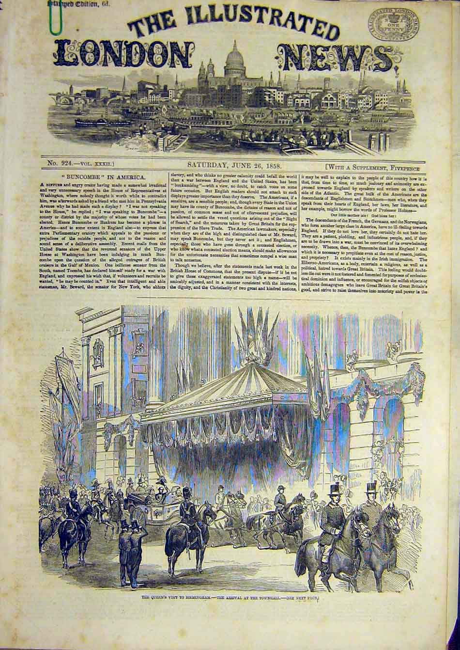Original Old Antique Print 1858 Birmingham Queen Royal Visit Townhall Warwick