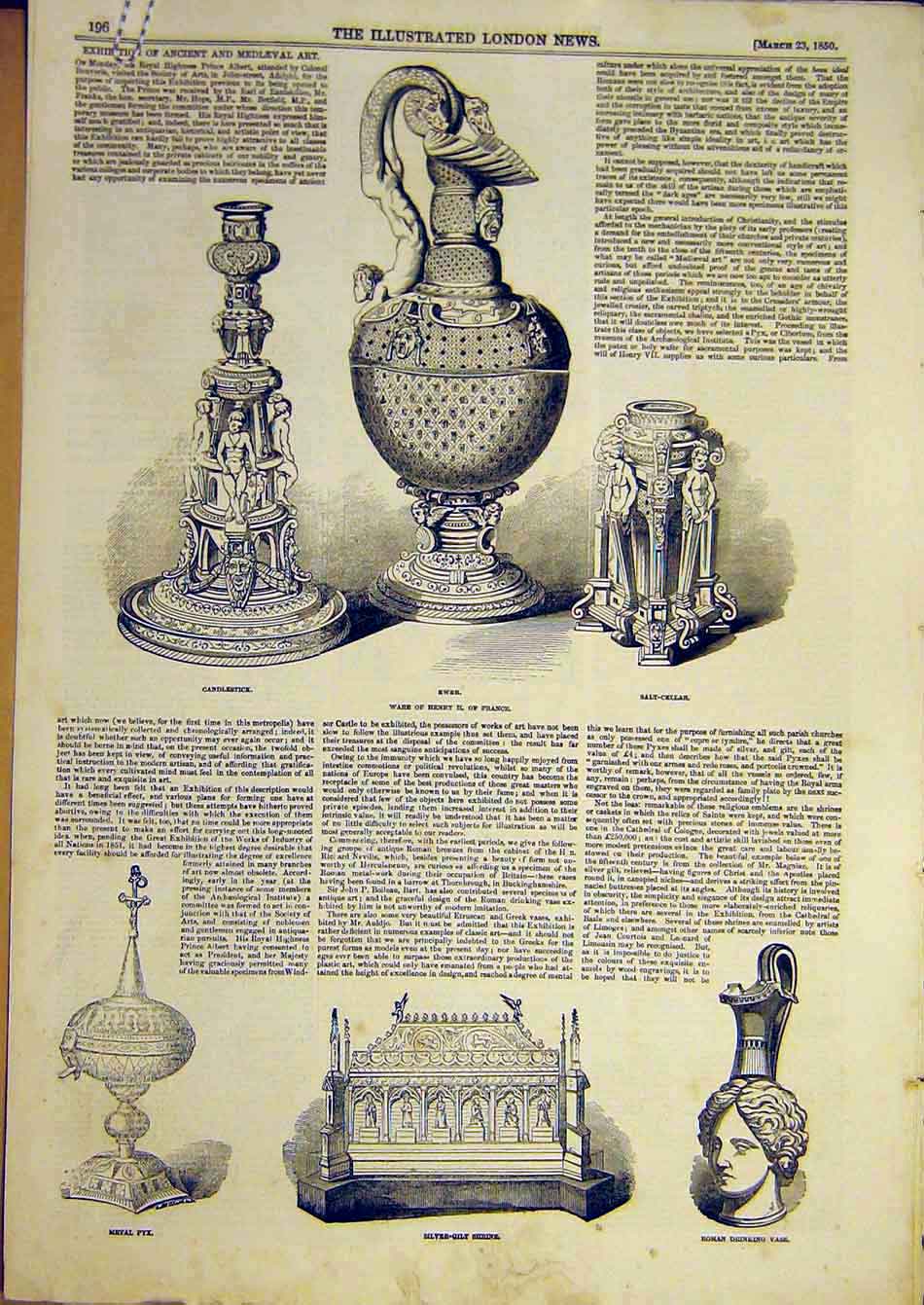 Old Antique Print 1850 Ancient Mediaeval Art Ewer Shrine Vase Tankard Cup 19th