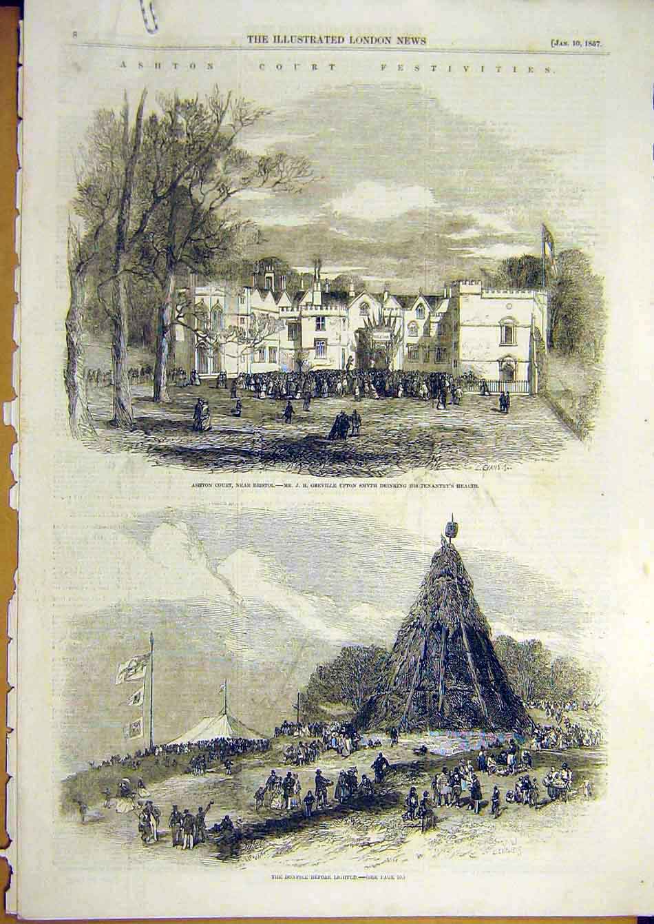 Old Antique Print 1857 Ashton Court Bonfire Bristol Festivities Fireworks 19th