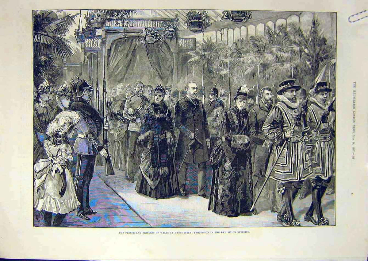 Original Old Antique Print 1887 Manchester Exhibition Prince Princess Wales