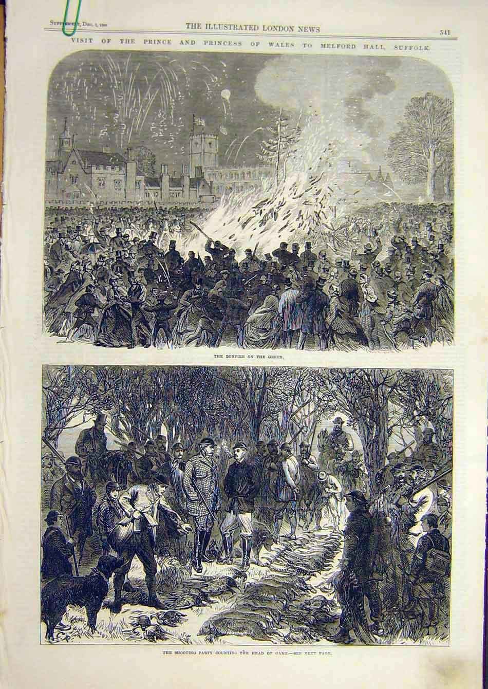Old Antique Print 1865 Melford Hall Suffolk Bonfire Prince Wales Princess 19th