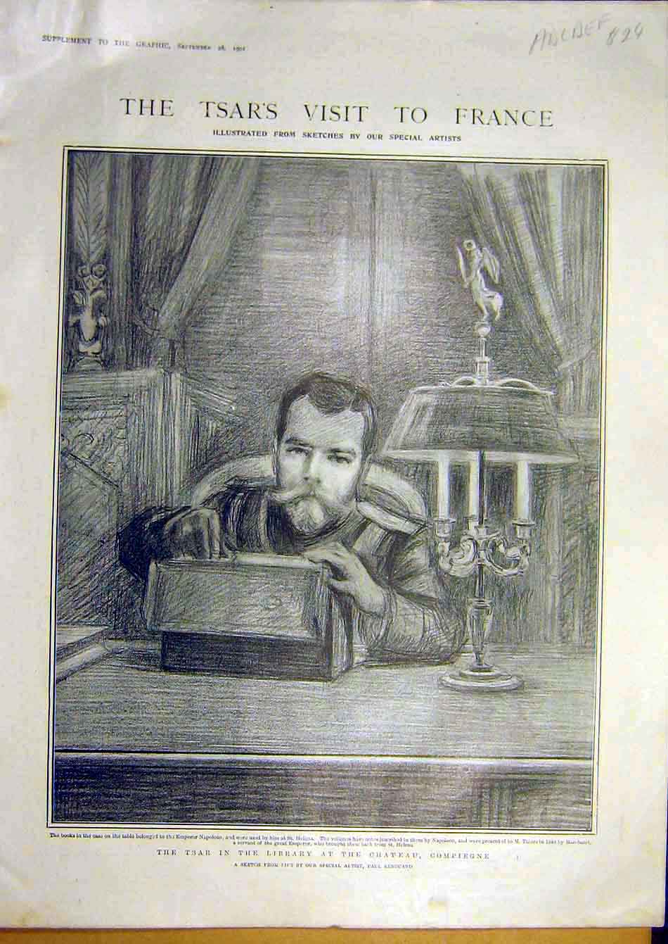 Original Old Antique Print 1901 Tsar Library Chateau Compeigne Renouard Loubet