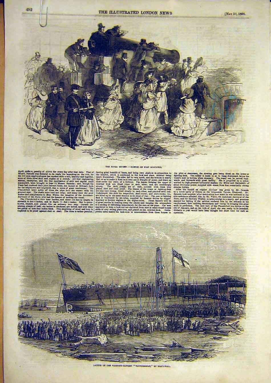 Original Old Antique Print 1856 Naval Review Port Monckton Blackwall Phiz Beds